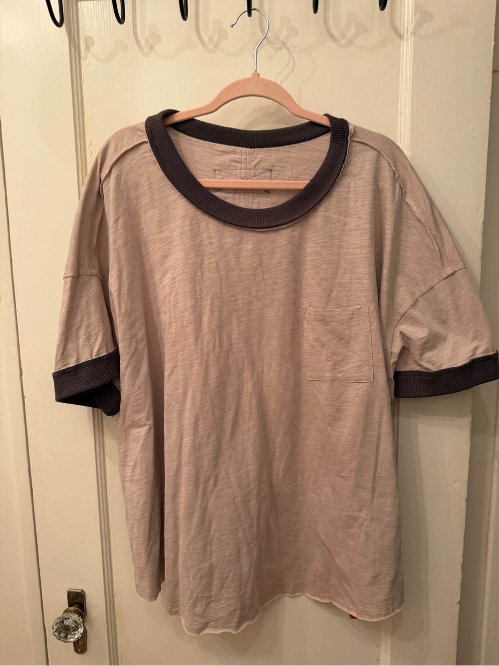 Women’s Cream and Gray Short-Sleeve Pocket Ringer T-Shirt